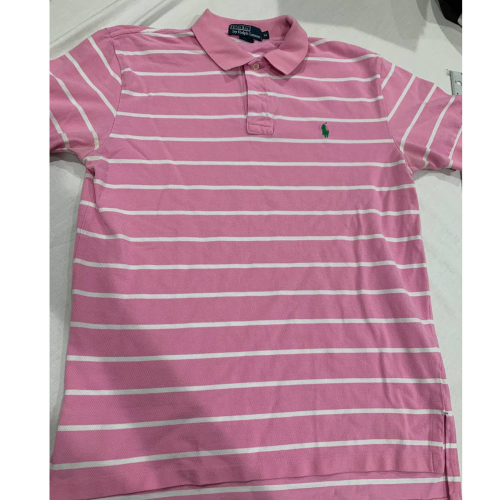 Polo Ralph Lauren Mesh Knit Horizontal Stripe Polo Shirt in Pink & White Size M